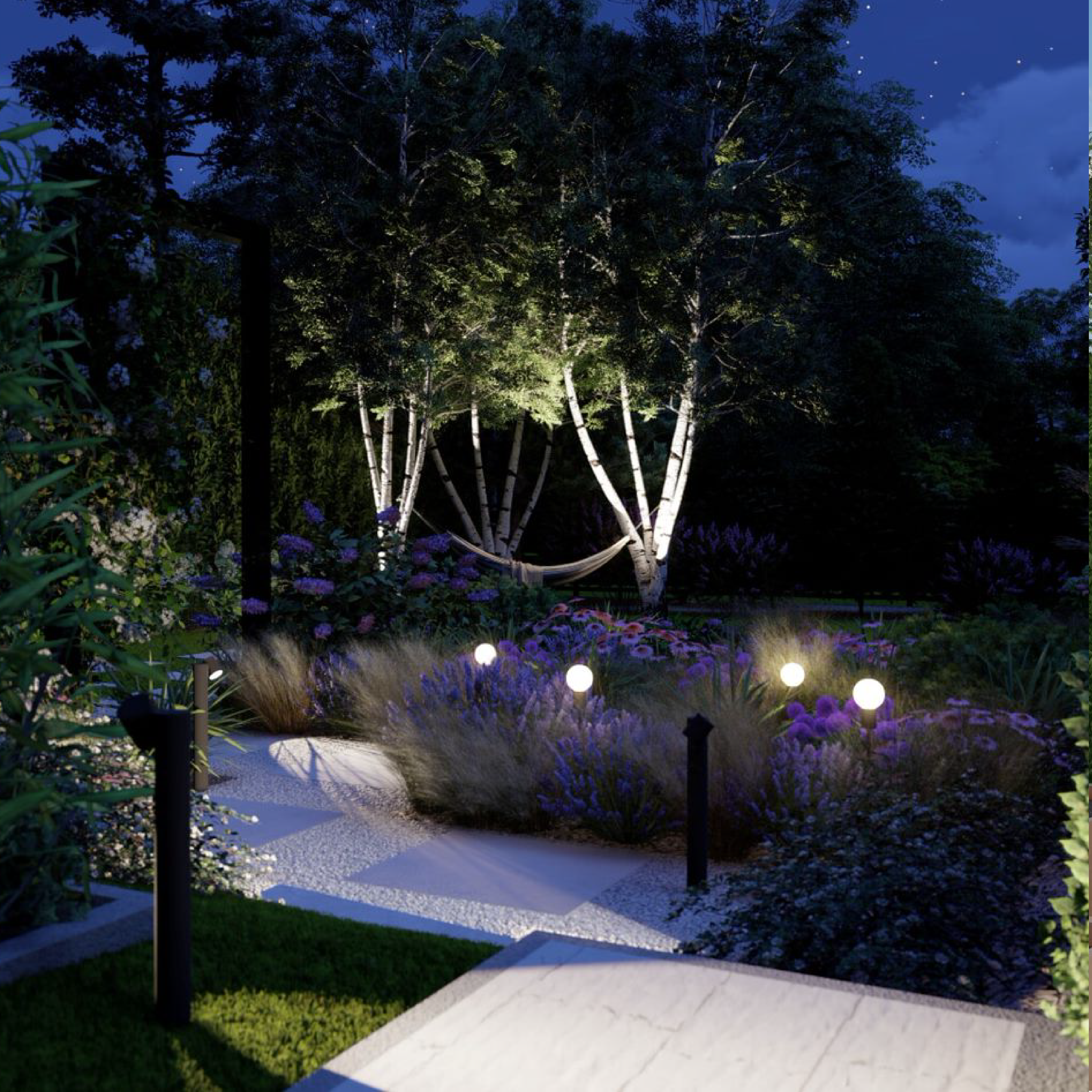 ogród nocą oświetlony lampami, oświetlenie nocne ogrodu, lampy w ogrodzie