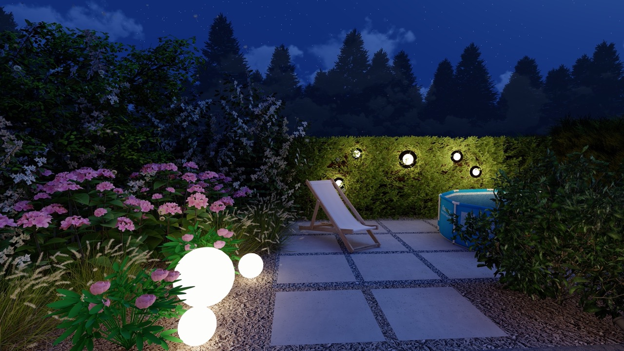 Nocne oświetlenie stery basenowej w ogrodzie prywatnym.